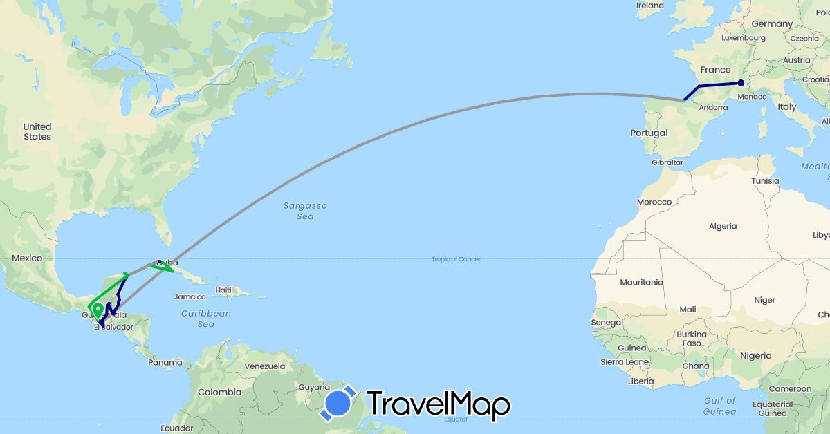 TravelMap itinerary: driving, bus, plane in Belize, Cuba, Spain, France, Guatemala, Mexico (Europe, North America)